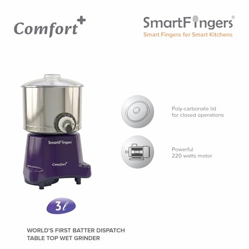Image of SmartFingers Comfort + Table Top Wet Grinder 230V, 3 Liter, Violet with Coconut Scrapper & Atta Kneader Attachment | Hands-Free Batter Dispenser | Top Wiper, 220W Motor | 5 Years Warranty | AISI 304