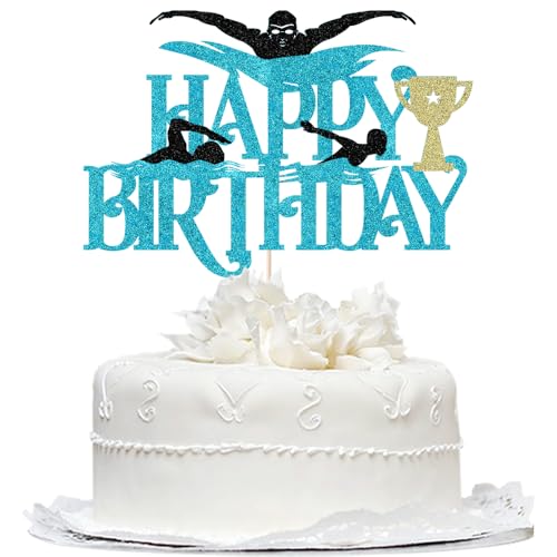Bekaterea Swimming Happy Birthday Cake Topper -Swimming Pool Summer Theme Party Decorations，Baby Shower Party, Boys and Girls Athlete Birthday Party Diving Decorations.