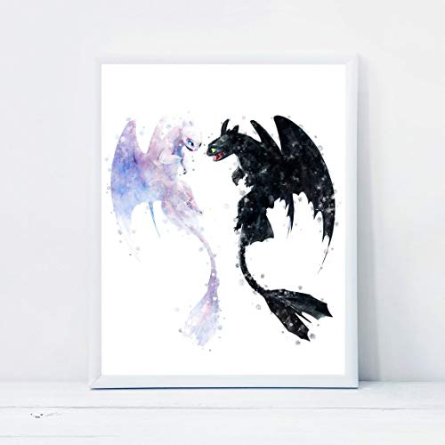 How To Train Your Dragon Printable Art Light Fury and Toothless Art Print Light Fury Night Fury Watercolor Poster Dragon Nursery Wall Decor Gift