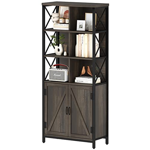 Fatorri Rustic Bookcase With Doors, Industrial Wood Bookshelf With Cabinet, Tall Cubby Book Shelf And Cube Organizer Shelf For Living Room, Home Office, Bedroom (Walnut Brown) #TOP7