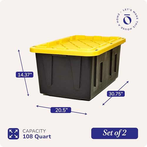 HOMZ 2-Pack Durabilt, Heavy Duty Plastic Storage Bins with Lids, 27 Gallon, Black/Yellow - Stackable Container Boxes for Home, Attic, and Garage Organization - Thumbnail 4