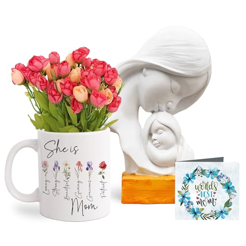 Image of TIED RIBBONS Gift for Mom, Birthday Gift for Mom Women Wife Mother in Law Mummy (Mother with Child Statue, Artificial Flower Bunch, Ceramic Coffee Mug & Greeting Card) Set Combo