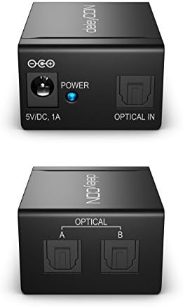 deleyCON Rozdzielacz Toslink 2-portowy cyfrowy rozdzielacz audio do optycznego kabla audio Toslink S/PDIF 1x wejście 2x wyjście do telewizora system hi-fi soundbar słuchawki