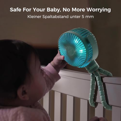 Momcozy Tragbarer Kinderwagen-Ventilatoren, Clip Ventilator, 360° Abnehmbare 4 Geschwindigkeiten, LED-Nachtlicht Ventilator,Reisen (Grün) – Ansicht 4