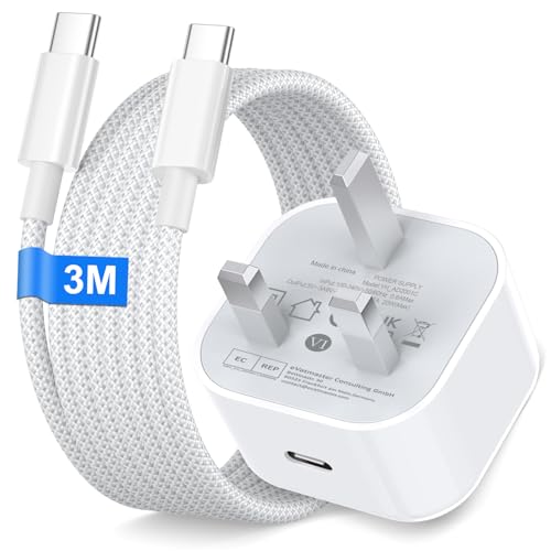 For iPhone 17 16 15 Fast Charger 20W PD USB C Charger Plug with Nylon usb c Cable 3M for iPhone 17 16 15 Pro Max/Pro/Air/iPad/Samsung S25 USBC UK Power Adapter usb c Power Adapter Fast charger Plug