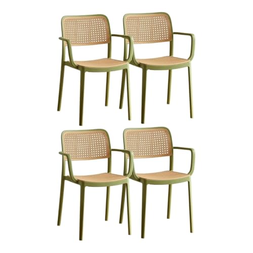 Image of NARSA Modern Rattan Style Dining Chair for Home & Cafe | Cane Pattern Plastic Chair with Ergonomic Backrest | Lightweight & Durable Indoor Outdoor Seating Chair (Green, with Arm, Set of 4)