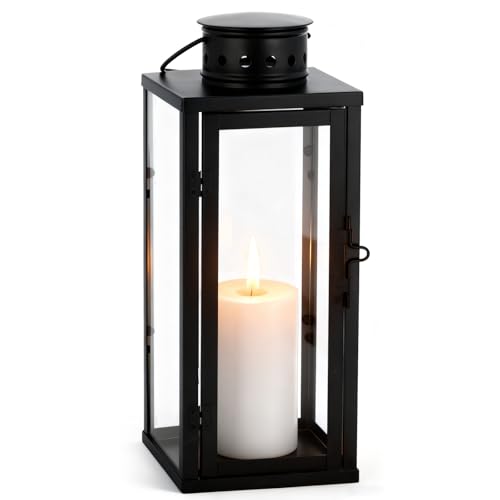 Lanterna nera per esterni con manico, 24 x 10 x 10 cm, resistente alle intemperie, in metallo e vetro, per giardino, balcone, terrazza e come lanterna per tomba, robusta lanterna antivento per esterni