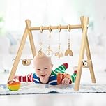 Vicloon Wooden Baby Play Gym, Foldable Baby Gym with 4 Detachable Sensory Hanging Toys, Newborn Essentials Activity Baby Gym for Infant Motor and Visual Development
