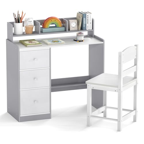 COSTWAY Kids Desk and Chair Set Wooden Student Study Table with 3 Drawers Hutch & Storage Shelf Children Writing Table Chair Set for for Boys Girls (Grey+White)