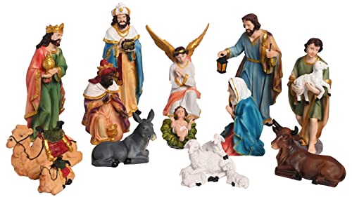 Image of KariGhar Nativity /Crib Idols Set of 16 Pieces (8 inch)[Pack - Crib House, Mary, Joseph, Baby Jesus, Angel, 3 Wise Men, The Shepherd, 7 Animals], Multicolour, A0099
