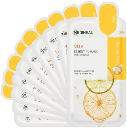 Mediheal Best Korean Sheet Mask - Vita Essential Face Mask 10 Sheets Vitamin Mask For All skin types Smoothing Tightening Toning up Brightening