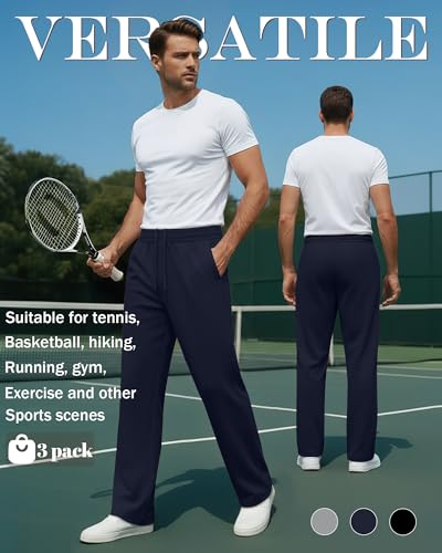 Neer 3 Pack Men's Drawstring Sweatpants Open Bottom Joggers Workout Athletic Tall Lounge Pants Wide Leg with Pockets4