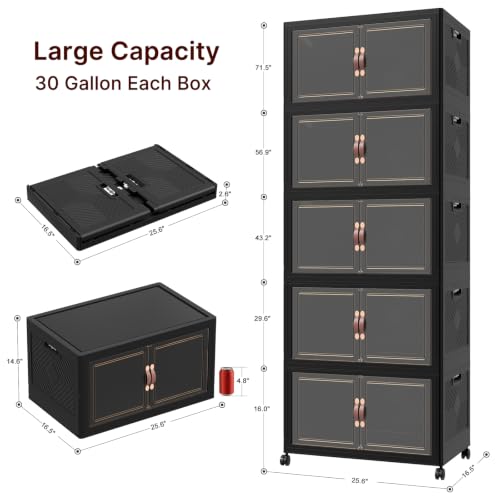 Image of UAMFURI Stackable Storage Bins with Lids, 600QT Lockable Storage Cabinet | Folding Storage Box with Doors and Wheels, Collapsible Plastic Drawers for Home, Garage, Office