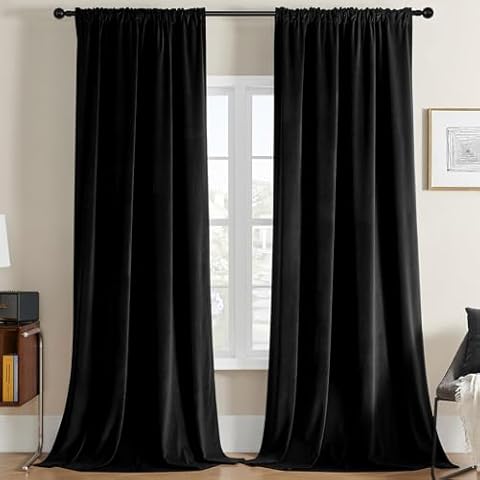 Joydeco Black Velvet Curtains 120 inches Long 2 Panels, Luxury Blackout Rod Pocket Thermal Insulated Window Curtains, Super Soft Room Darkening Drapes for Living Dining Room Bedroom,W52 x L120 Cover
