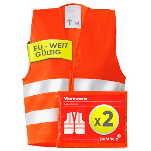 PURAHELP Warnwesten Auto 2er Set - Europaweit gültig nach EN ISO 20471 - Reflektierende Sicherheitsweste Auto Warnweste Orange - Warnschutzweste für Erwachsene