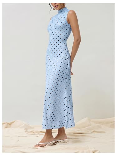 Image of Milumia Women's Polka Dots Maxi Tank Dress Vintage Mock Neck Sleeveless Elegant Long Dresses