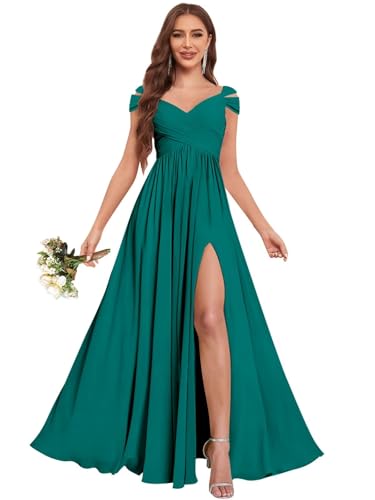 Image of JKMMYO Off The Shoulder Bridesmaid Dresses for Wedding Women V Neck Chiffon Formal Gown with Pockets