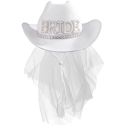 Bride Cowgirl Hat White Yarn Bridal Wedding Cowboy Hat with Veil Floppy Wide Brim Panama Cap for Bachelorette Party