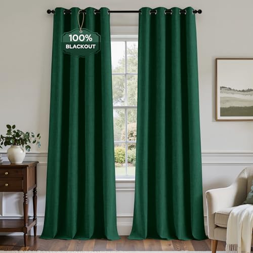 Image of HOMEIDEAS 100% Blackout Dark Green Linen Curtains 52W x 63L 2 Panels