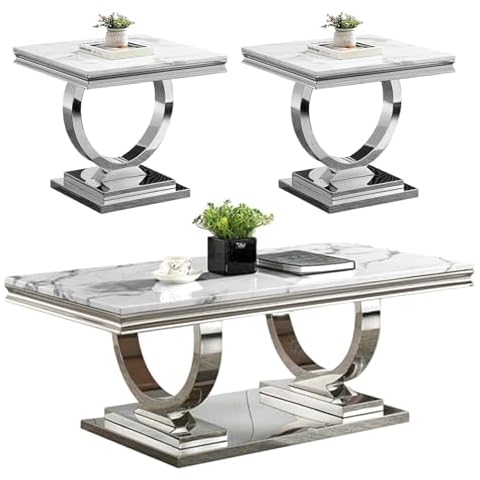 Henf 3 Piece Living Room Table Set, Faux Marble Coffee Table & 2 End Tables, Luxury White Silver Coffee Table and End Table Set of 3 with Mirrored Stainless Steel Base for Living Room Apartment Cover