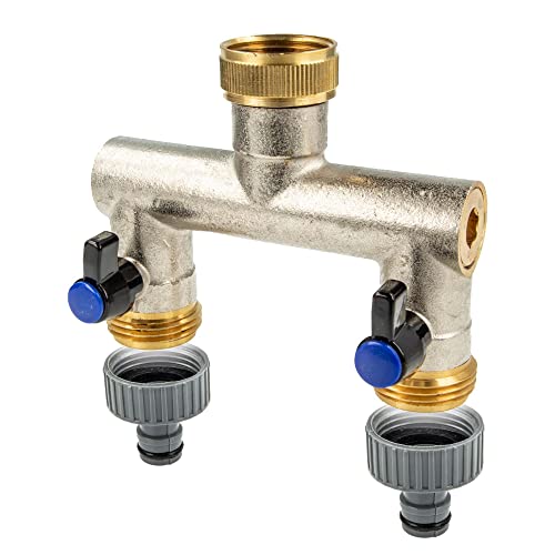 tecuro 2-Wege Verteilerstück 1 Zoll (DN 20) mit Steckkupplung, einzeln absperrbar, Messing vernickelt