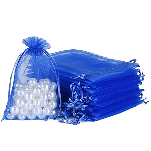 Image of HRX Package Royal Blue Organza Bags 100pcs, 4 x 6 inch Mesh Drawstring Gift Bags Jewelry Pouches Small Sachet for Christmas Candy Party Favor