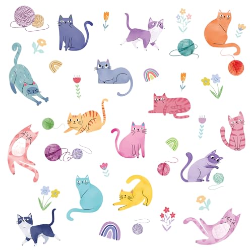 FUFUQUARE Pegatinas de Pared Gatos Acuarela Adhesivos Pared Decorativos Animales de Colores Ovillos Vinilos Pared Infantiles Decoración para Habitación Niños Niñas Guardería