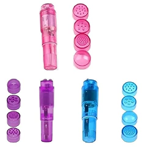 Finever Small Mini Vibrating Massager Handheld Portable Tool for Women with 4 Heads Pocket Pen for Face Neck Head Back and Shoulder Pink Purple and Blue