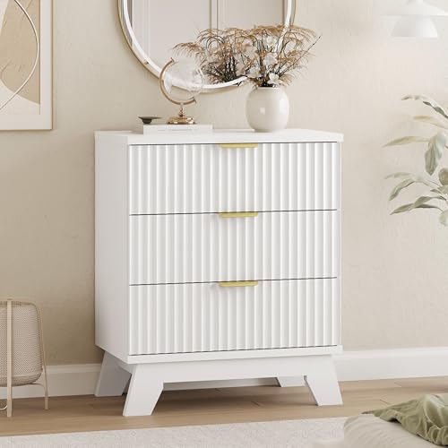 Image of Fluted Dresser for Bedroom with 3 Drawers, 24 inch Wide Modern Chest of Drawers with Metal Handle, Wooden Dresser TV Stand, Wood Closet Clothes Storage Drawer Organizer for Living Room, Hallway, White