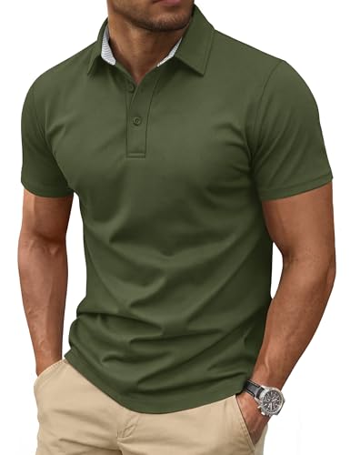 Cotrasen Men's Polo Shirts Short Sleeve Cotton Pique Performance 3 Buttons Classic Fit Casual Golf T-Shirt Moisture Wicking Breathable Clothing Army Green M