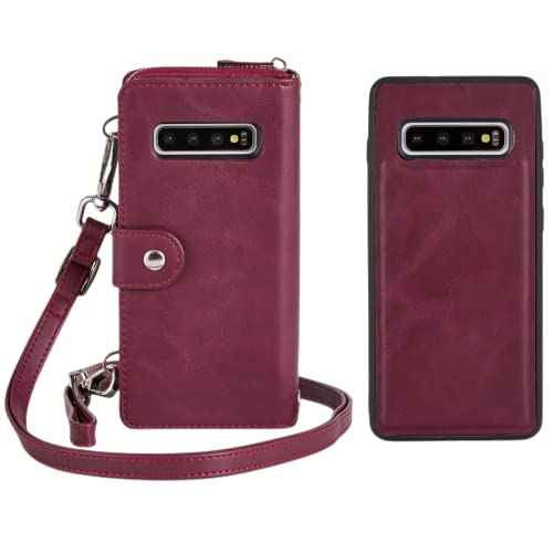 Modos Logicos Crossbody Bag For Galaxy S10 Plus, Detachable Wallet Folio[Shoulder Wrist Straps][Zipper Storage][11 Rfid Blocking Card Slots]Pu Leather Purse With Removable Magnetic Tpu Case - Winered #TOP16