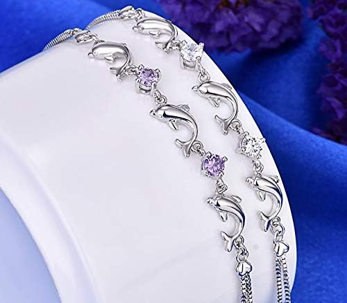 MixiuEuro Women Girls Bracelets, 925 Sterling Silver CZ Cubic Zirconia Amethyst Dolphin Love Bracelets Jewellery Gift For Girls