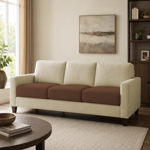 Image of Casaliving Gladino Modern Velvet Fabric Sofa, Tufted Design Upholstered 3 Seater Sofa Set for Living Room, Premium Velvet Fabric Sofa (Cream Brown)