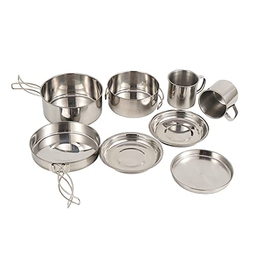 ROSEBEAR 8Pcs Camping Cookware Set - Stainless Steel Cooking Kit, Plates, Cutlery and Pans for Backpacking and Hiking
