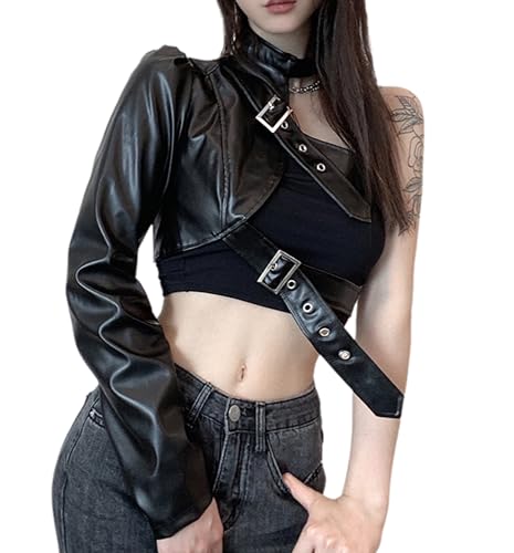 NIFTRIRY Irregular Metal Buckle Halter PU Leather Single-Sided Sleeve Leather Jacket 2024 Women'S Clothing