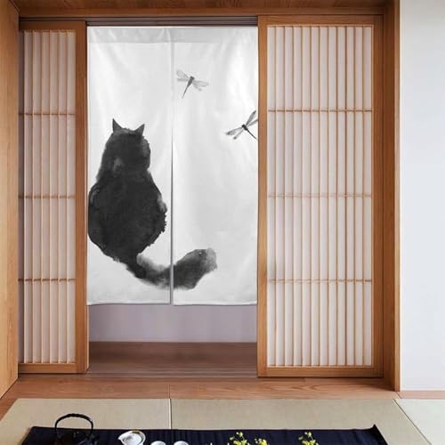 のれん 幅86cm 丈143cm 和風 和柄 ネコ 猫柄 おしゃれ 暖簾 簡単 目隠し 玄関 ドアカーテン 間仕切り ロング カーテン キッチン リビング 飲食店 出入り口 飾り 34x56inch