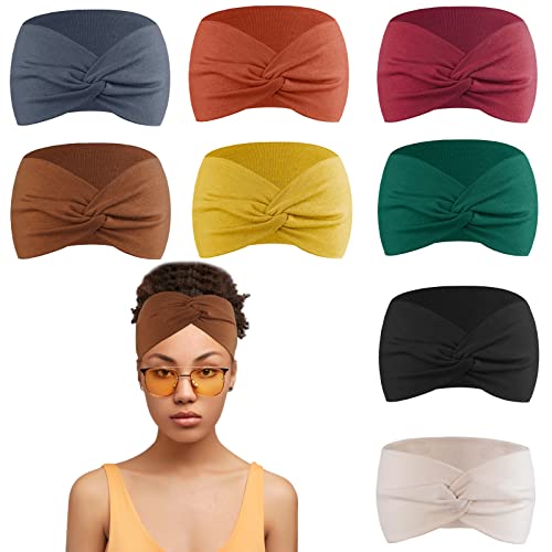 YQC 8 Pack Wide Headbands for Women Non Slip Elastic Headband -Fashion Yoga hairbands Workout Running Sport Head Band -Vintage knotted Hair Bands Sweat Hair Wrap for Girls