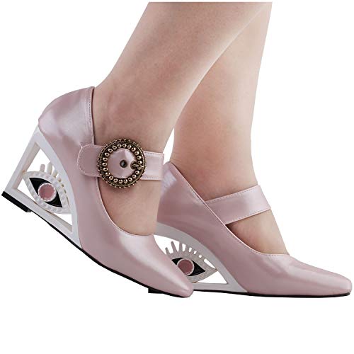 SHOW STORY Glittery Pink Buckle Mary-Jane Square-Toe Wedge Eye Shape Heels Pumps,LF108014