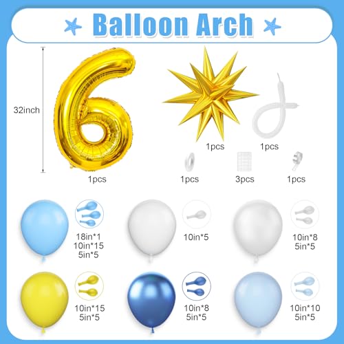 Yellow Blue 6th Birthday Balloons Arch, Baby Blue Clear White Balloons Garland Kit, Gold 4D Foil Star with Number 6 Balloon Tower Star Foil Balloon for 6 Year Old Kids Birthday Party Decorations — view 2
