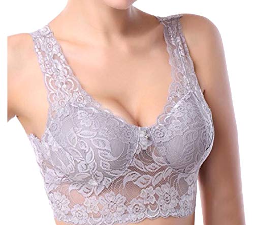 Sutiã esportivo feminino Doufine Slim sem aro respirável em crochê modelador de renda, Cinza, L