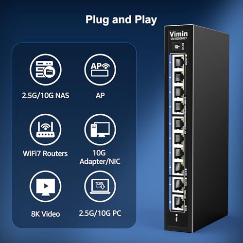 Image of 10-Port 10G /2.5G Ethernet Switch with Dual 10GBASE-T, Vimin 8X 2.5G +2 x 10Gb RJ45 Ports Unmanaged Switch, 80Gbps Capacity, 10G Switch Desktop /Wall Mount Network Switch for NAS, PC, Wireless AP
