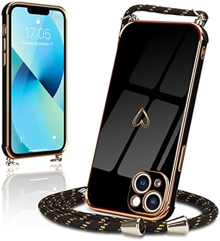 Micoden Etui do iPhone 13 Pro z regulowanym kołnierzem Etui iPhone 13 Pro Silikonowe z uroczym wzorem serca i etui z łańcuszkiem na szyję do iPhone 13 Pro (czarny)