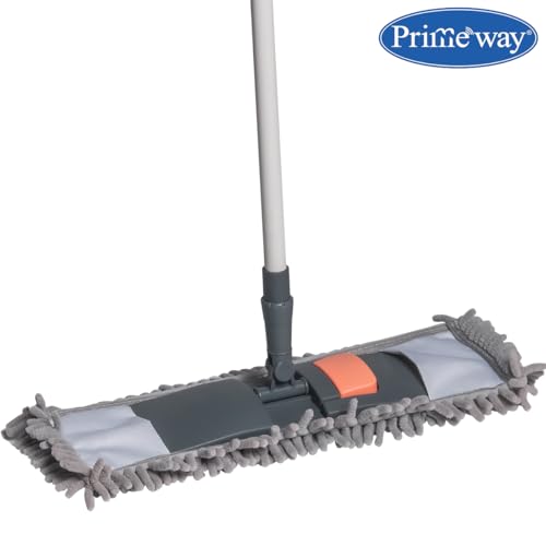Image of Primeway Chenille Microfibre Flat Mop | All Floor Surfaces Cleaning | Wet & Dry | Rotating Mop Head 43x14cm | Long Extendable Telescopic Iron Handle | 72~120cm | Gray