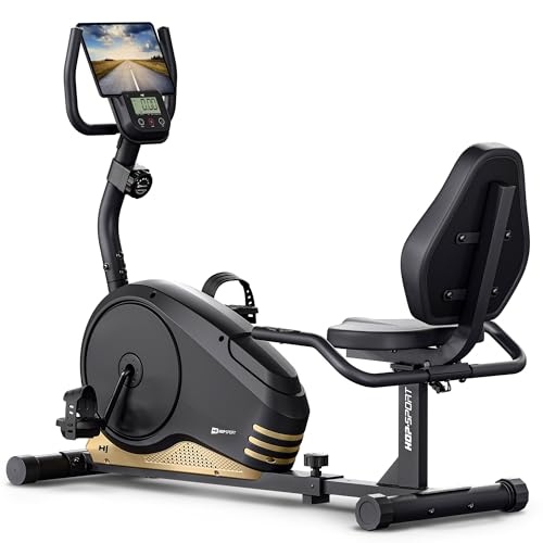 HOP-Sport® Vélo d’Appartement Semi-allongé APP Compatible et Bluetooth HS-040L, 9,5 kg Roue d'inertie, 16 Niveaux de résistance, Vélo Assis Couché avec Dossier, Captures de pouls, Écran LCD, Doré