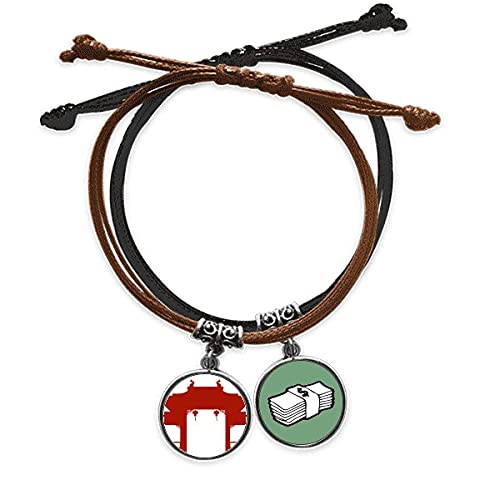Pulsera de cuerda con patrón de silueta cultural y cordón de cuero negro