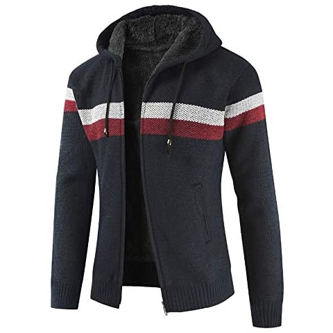 SALEBLOUSE Clearance Mens Hoodie Sweatshirt Jumper Men's Full Zip Lightweight Cord Drawstring Hoody Fashion Men's Autumn Winter Packwork Hooded Zipper Jacket Knit Cardigan Long Sleeve Coat Navy Cover