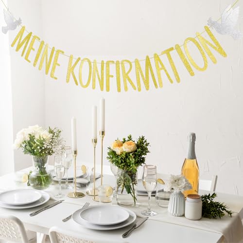 COMOOKA Konfirmation Deko Konfirmation Girlande Gold mit Glitzer Konfirmation Banner Mädchen Junge Firmung zum Aufhängen für Wand Fenster Tisch