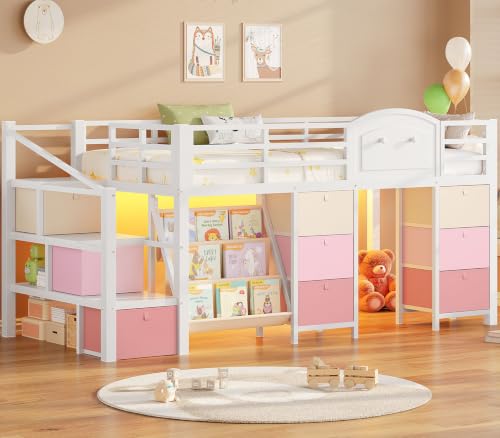 VIAGDO Low Loft Bed Twin Size with Storage and LED Lights