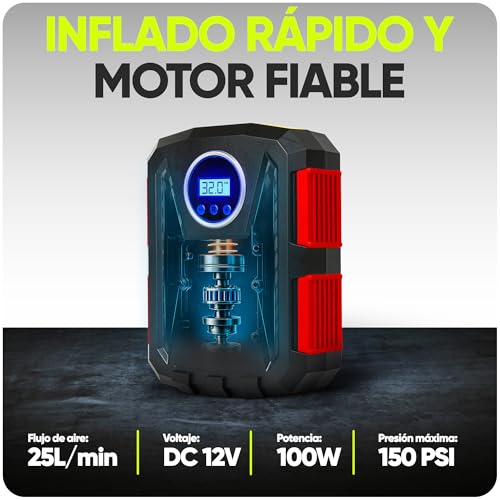 FORTEM Inflador de Ruedas de Coche, Compresor de Aire - Compresor de Aire Portátil para Ruedas de 12 V con Luz LED - Manómetro Digital, Autobombeo, Parada Automática - Bolsa de Transporte (Rojo) - imagen 5