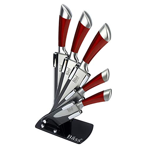 Evelyne Gmt-10031 Stainless Steel Kitchen Knife Set With Red Handle Hilt, 5 Knives And 1 Pivotable Swivel Holding Block With See-Thru Side #TOP18